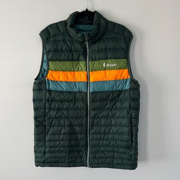 Cotopaxi Men’s Jacket Down Fill Vest Spruce Stripes Size XL 800 Fill Hiking